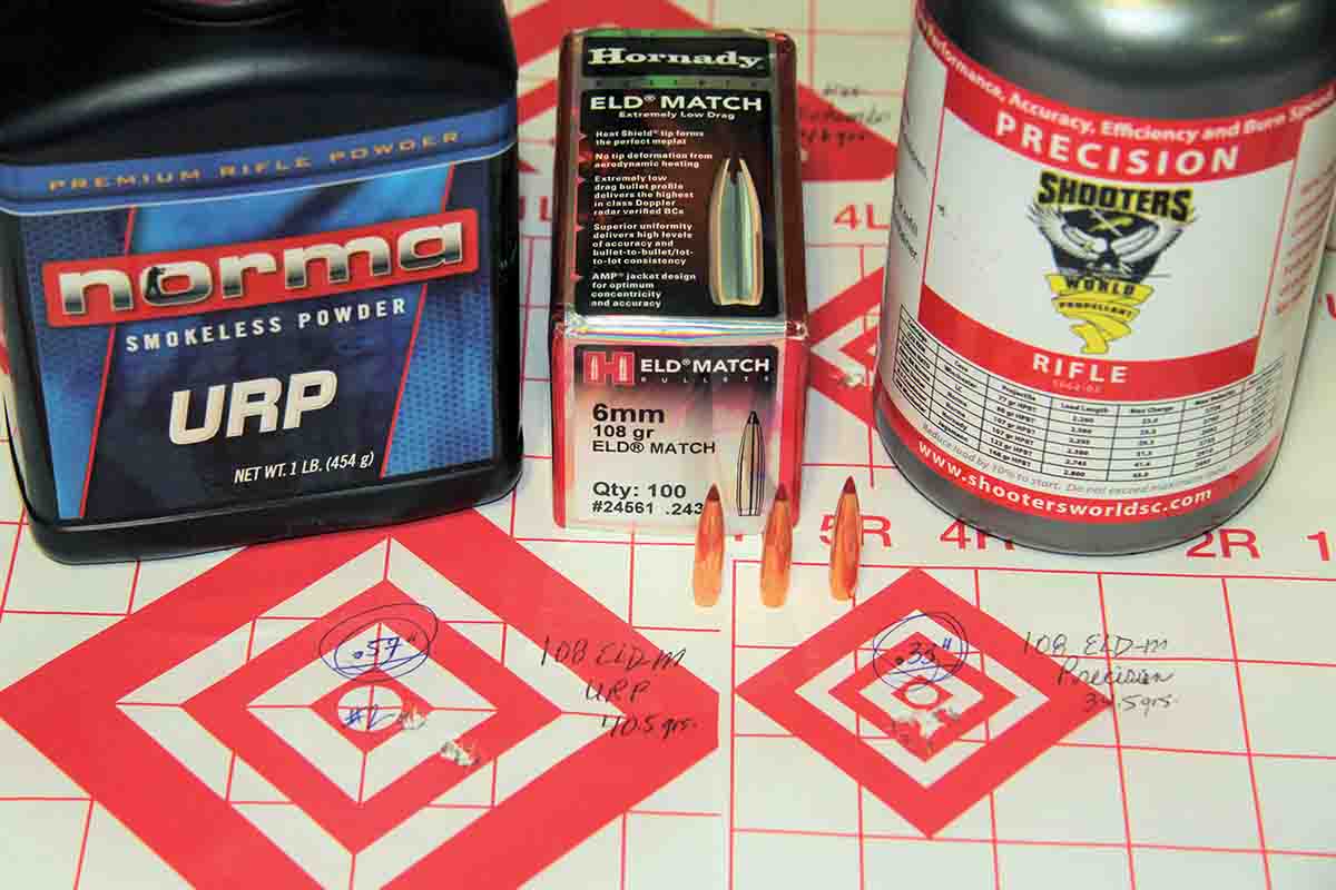 The 108-grain ELD Match by Hornady produced a .57-inch group at 2,707 fps with 40.5 grains of Norma URP, and .33 inch at 2,581 fps with 34.5 grains of Shooters World Precision Rifle.